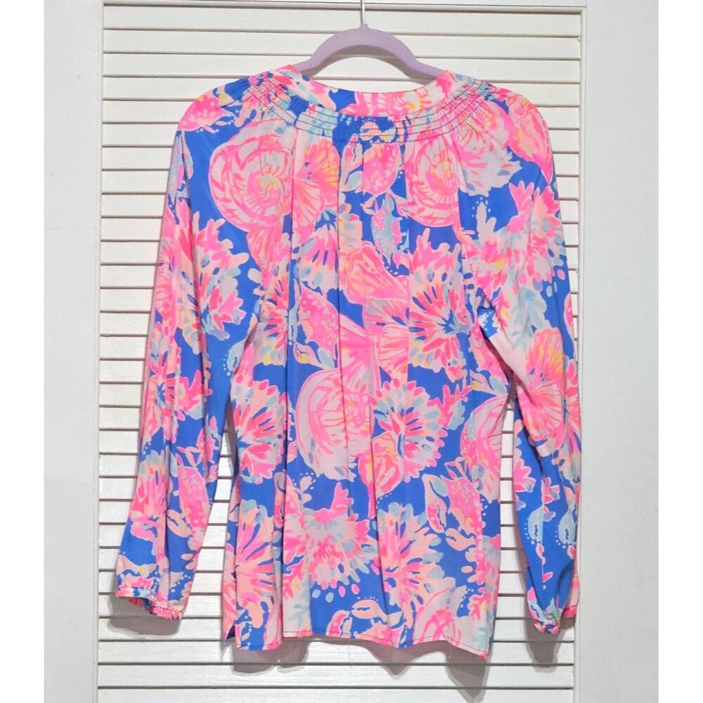 Lilly Pulitzer Women's Pink Blue ELSA 100% Silk SEASHELLS CRABS Blouse Sz L 2895 - Picture 8 of 10